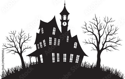 Silhouette of a spooky haunted house with bare trees