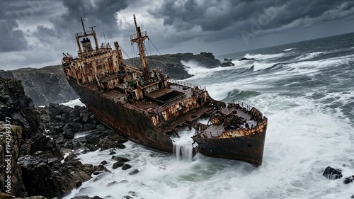 Dramatic View of a Decaying Rusty Shipwreck on Rocky Shore with Crashing White Waves under an Overcast Sky