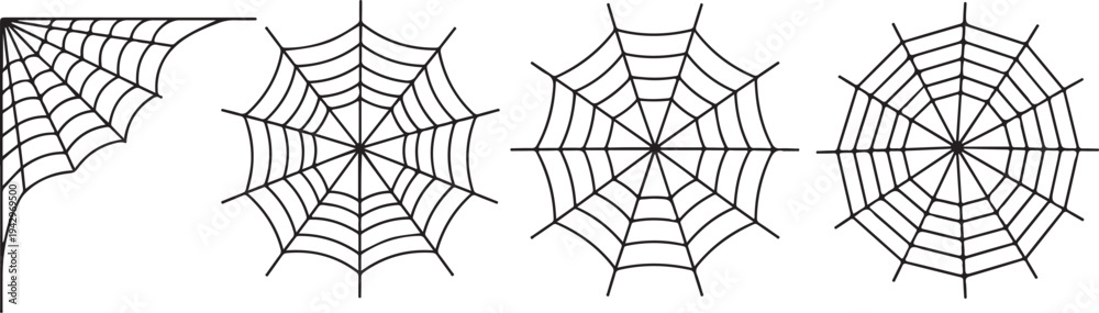 Fototapeta premium Four black spiderweb illustrations on a white background