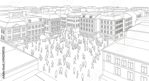 Sketch of a bustling city square with many people.