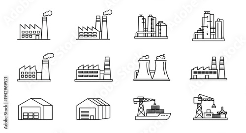 Collection of Industrial Factory Building Icons and Symbols.