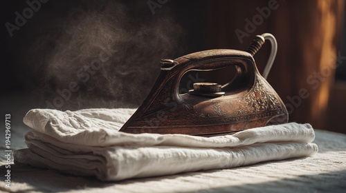 bergere. A vintage iron on a folded white shirt with rising steam in warm nostalgic light. lifestyle magazines, social media lookbooks, designed for influencer and brand collaborations.