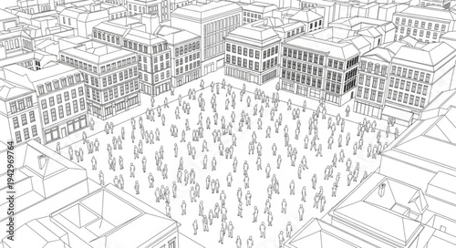 Aerial view sketch of a crowded city square with buildings.