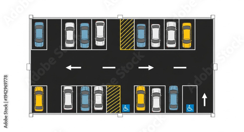Aerial view of a busy parking lot filled with cars.