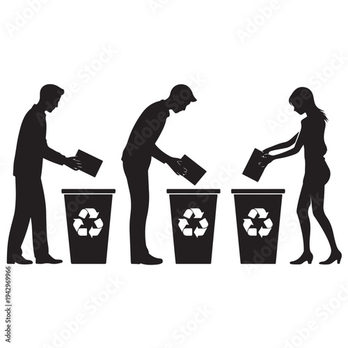 Silhouettes of people recycling in front of trash bins