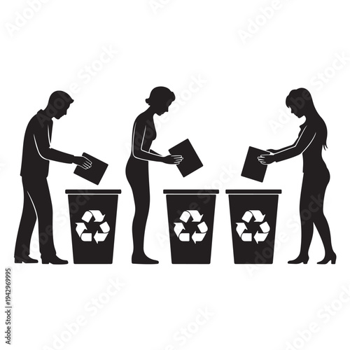 Silhouettes of people recycling paper into bins vector