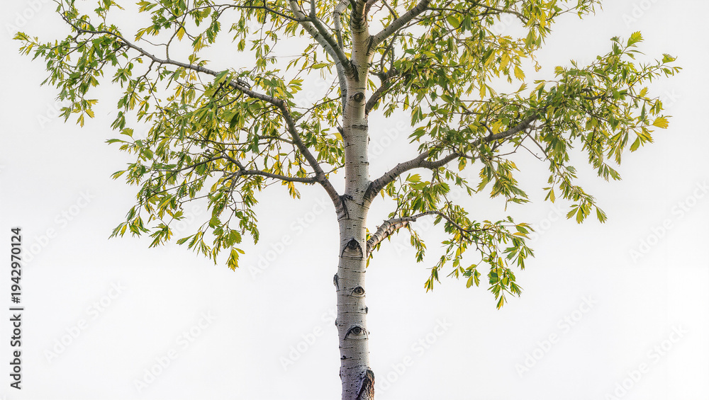 Fototapeta premium Birch Tree with Autumn Leaves Against Bright Sky