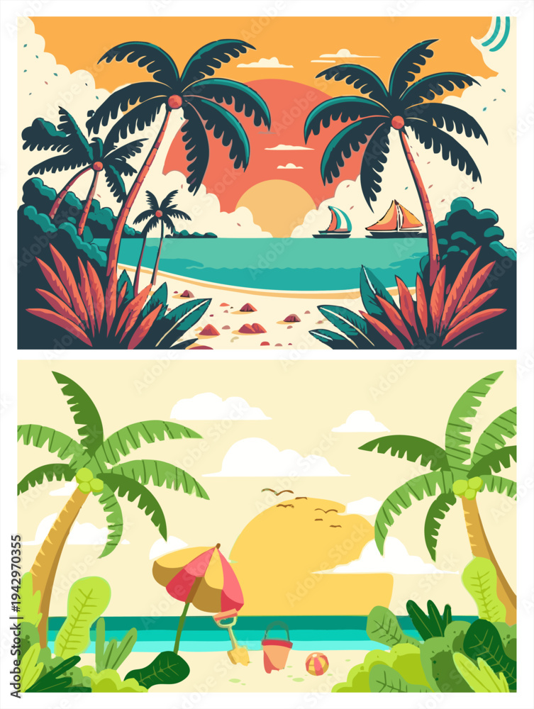 Obraz premium Set of tropical beach landscapes with palm trees, sunset, and ocean, flat vector illustration of summer vacation paradise isolated on white background.