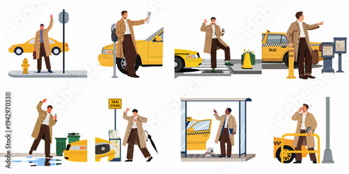 A collection of illustrations showing a businessman in a trench coat hailing, waiting for, and boarding yellow taxis in various urban settings.