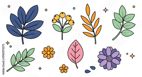 A colorful collection of hand-drawn flowers and leaves in a playful, modern style, perfect for floral designs