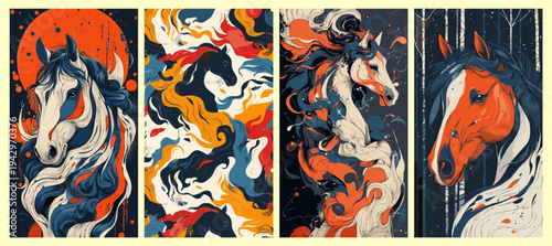 Set of abstract horse head illustrations with flowing mane, artistic animal portraits in bold colors, vertical banners for modern wall art and interior decor.