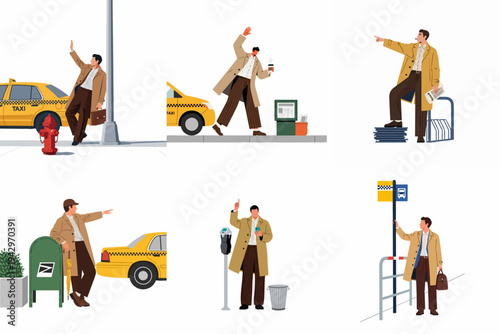 Set of vector illustrations of a businessman in a trench coat hailing taxis and waiting at various urban city street locations.