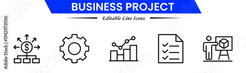 Business project icons depicting planning, teamwork, strategy, tasks, deadlines, meetings, reports, milestones, collaboration, management, analysis, workflow, productivity, progress, and goals.
