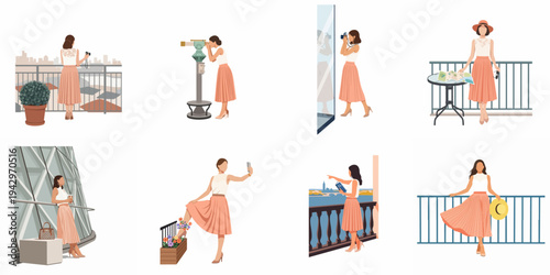 Set of flat illustrations featuring a female tourist sightseeing in various urban locations wearing a stylish peach skirt and white top.