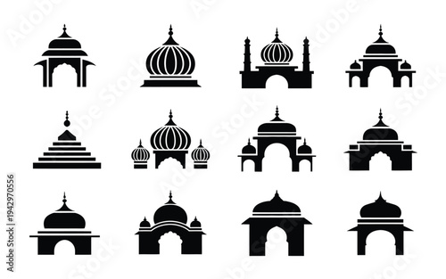 Black silhouettes of various mosque and temple architectural elements and structures
