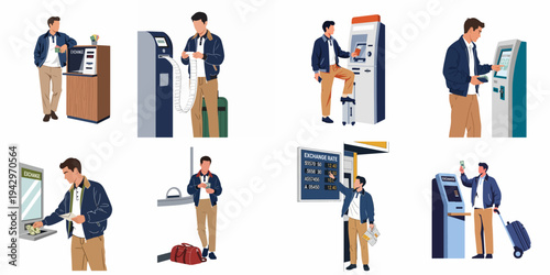 Set of flat illustrations featuring a male traveler exchanging money, using ATMs, and checking exchange rates during his trip.