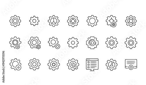 Gear and settings line icon set with cogwheel system symbols editable stroke vector collection
