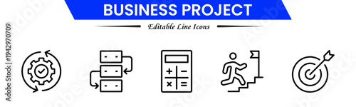 Business project icons depicting planning, teamwork, strategy, tasks, deadlines, meetings, reports, milestones, collaboration, management, analysis, workflow, productivity, progress, and goals.