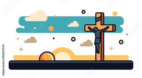 A minimalist illustration depicting a crucifixion scene with clouds and a sunset, featuring a modern flat design style