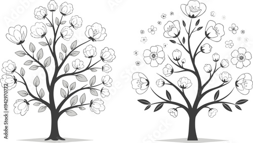 Elegant Black and White Floral Tree Illustration, Spring Blossom Design, Nature Art for Gardens, Eco-Friendly Decor, Botanical Vector Graphics