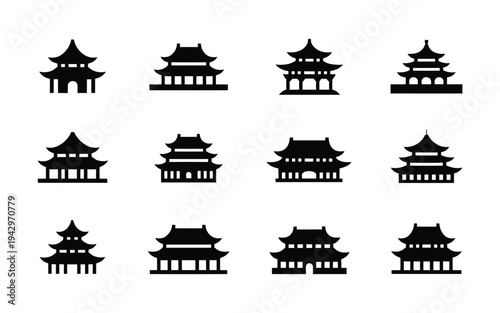 Black silhouettes of various asian pagoda temple buildings on white background set of 10 iconic structures