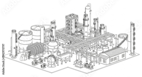Industrial Factory Complex Wireframe Illustration.