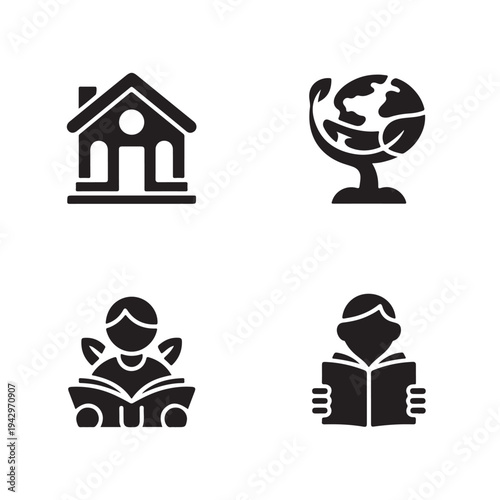Minimalist black icons representing environmental education and sustainable living including a house with leaf and a person reading a book about nature