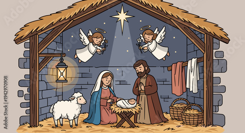 A colorful nativity scene featuring Mary, Joseph, and baby Jesus in a stable, illustrated in a modern flat style