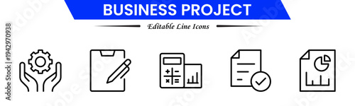 Business project icons depicting planning, teamwork, strategy, tasks, deadlines, meetings, reports, milestones, collaboration, management, analysis, workflow, productivity, progress, and goals.