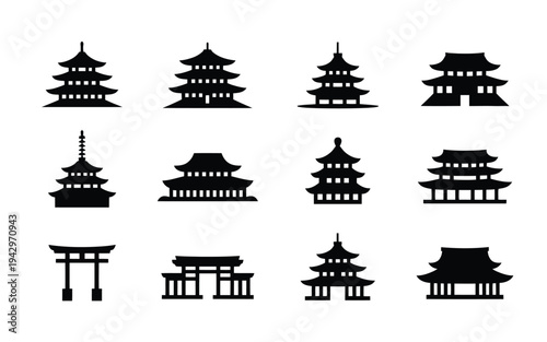 Collection of black silhouettes of traditional japanese pagodas and gates on white background