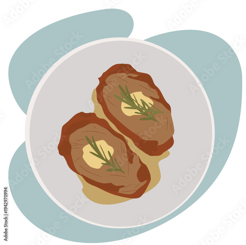 The flying chopped vegetables, fried beef steaks with spices in a Plate isolated on brown background, front view. Concept diet and healthy eating.
