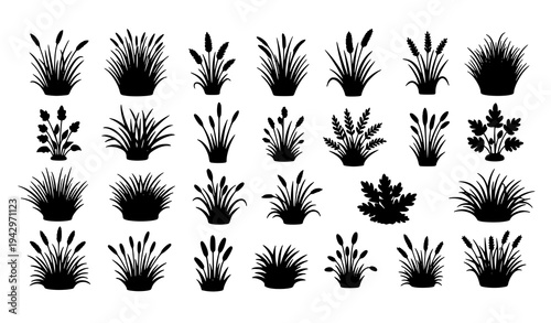 Grass clump and botanical plant silhouettes vector pack for outdoor greenery and landscape design