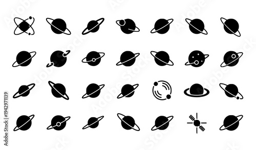 Orbital planet silhouette vector set with space orbit symbols and cosmology logo elements