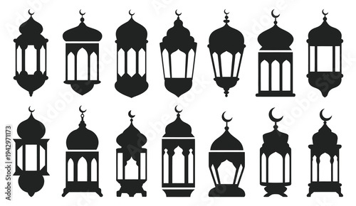 Islamic lantern icon, black vector silhouette for festive celebration design, Ramadan and Eid decoration symbol