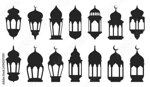 Islamic lantern icon, black vector silhouette for festive celebration design, Ramadan and Eid decoration symbol