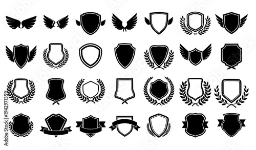 Heraldic shield and wing silhouette vector set with laurel wreath emblem elements