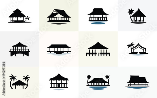 Tropical beach hut and palm tree silhouettes for travel and vacation concepts