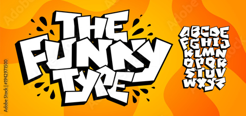 Funny Crunch Font Kid Logo Alphabet Cartoon Typography Childish Bold Letter Set, Creative Typographic Design for Carnival Music Fest Poster Headline and Logotype. Bright Comic Fonts. Vector Typeface