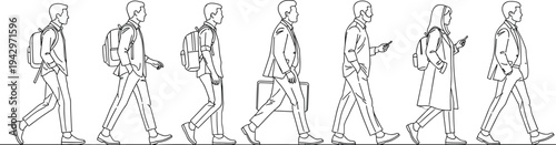 Collection of Diverse People Walking in Line Vector Illustration with Business Professionals and Students Commuting for Modern Urban Lifestyle Design