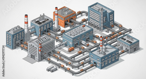 Industrial Factory Complex with Pipelines.