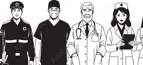Medical professionals and a police officer standing together isolated on transparent background, Vector