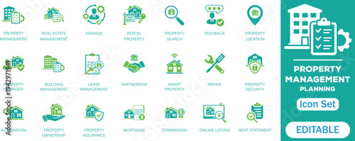 Property Management & Planning solid Icon Set. Featuring real estate, rental property, lease agreement, maintenance, rent payment, mortgage, security, online listing, building  more icons collection.
