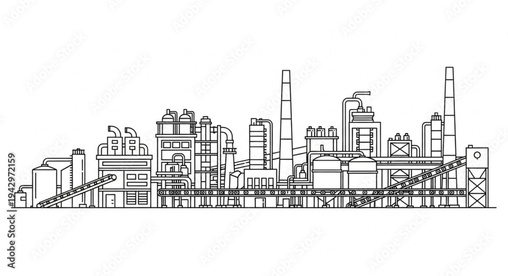 Fototapeta premium Industrial Factory Complex Line Drawing.