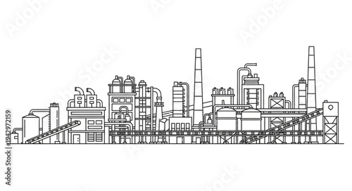 Industrial Factory Complex Line Drawing.