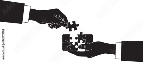 Two hands holding puzzle pieces isolated on transparent background, Vector