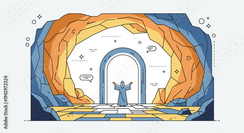 A mystical scene featuring a figure in a robe standing in a colorful cave, illustrated in a modern flat style