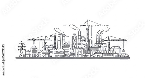 Industrial Factory Complex Line Drawing.