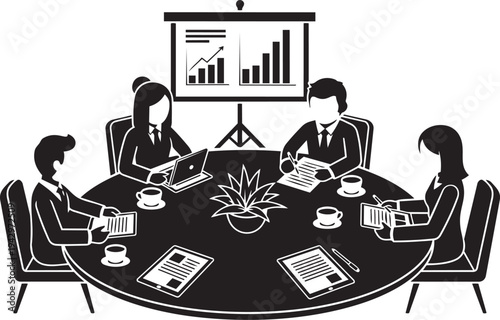 A group of business people sitting around a table isolated on transparent background, Vector