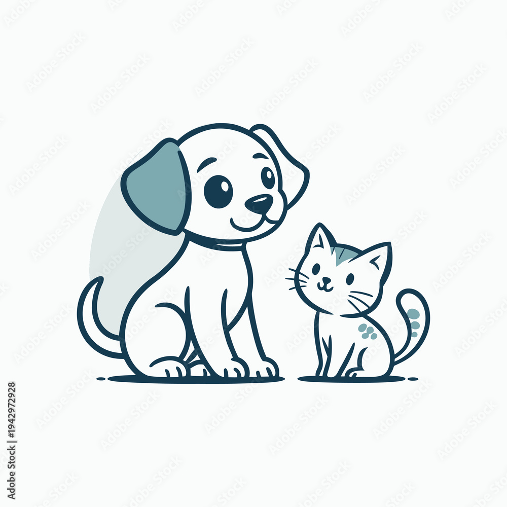 Fototapeta premium Cute cartoon dog and cat sitting together