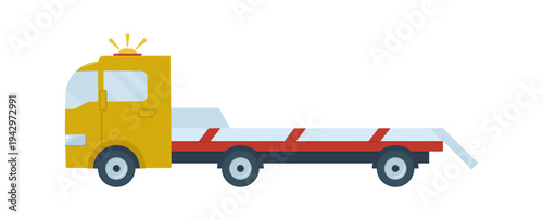 Yellow tow truck isolated on white background. Car recovery vehicle with sloped platform and ramps for vehicle evacuation. Color icon, vector illustration, flat style.
